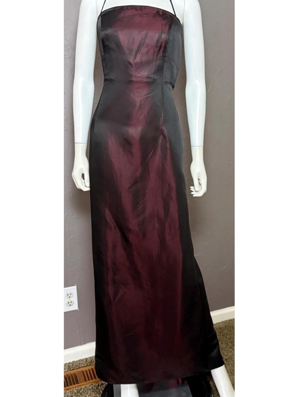 1990's Iridescent Black + Red Satin Gown by GEORGIOU Goth Goddess Sheath +Train - Picture 2 of 13